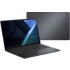 Na zdjęciu widoczny jest laptop z otwartym ekranem, na którym wyświetlany jest abstrakcyjny wzór w odcieniach niebieskiego i zielonego, z napisem "ASUS ExpertBook" na ekranie. Obok laptopa znajduje się jego zamknięta pokrywa, prezentująca ciemną, teksturowaną powierzchnię.