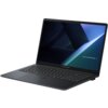 Na zdjęciu widoczny jest otwarty laptop z ciemną klawiaturą i ekranem wyświetlającym abstrakcyjną grafikę. Na ekranie znajduje się napis "ASUS EXPERTBOOK".