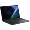 Laptop z otwartym ekranem wyświetlającym abstrakcyjną grafikę z napisem "ASUS EXPERTBOOK". Klawiatura jest pełnowymiarowa, a obudowa ma ciemny kolor.