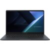 Laptop z otwartym ekranem, na którym widoczna jest grafika z ciemnymi i jasnymi trójkątami oraz tekstem "ASUS EXPERTBOOK". Klawiatura jest pełnowymiarowa, a obudowa ma ciemny kolor.