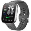 Na zdjęciu widoczny jest szary smartwatch z wyświetlaczem pokazującym różne dane, takie jak czas "10:09", tętno "85 BPM", dystans "16.07 KM", kroki "12,003", oraz poziom naładowania baterii "75%". Pasek zegarka ma perforowany wzór, a na ekranie znajdują s