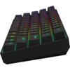 Czarna klawiatura mechaniczna z podświetleniem RGB, z widocznymi klawiszami oznaczonymi m.in. jako "Shift", "Ctrl", "Alt", "Enter" oraz symbolami strzałek. Klawisze mają różnokolorowe podświetlenie, a obudowa klawiatury jest matowa.