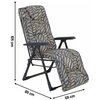 Fotel ogrodowy z wzorzystym materiałem w liście, posiada metalową ramę i podłokietniki, a jego wymiary to 105 cm wysokości, 85 cm głębokości i 59 cm szerokości.