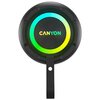 Czarny głośnik mobilny o cylindrycznym kształcie z widocznym logo "CANYON" na górnej części, otoczonym kolorowym podświetleniem. Na bocznej powierzchni znajdują się przyciski sterujące oraz uchwyt do przenoszenia.