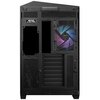 Czarna obudowa komputerowa z widocznym wentylatorem podświetlanym na niebiesko i różowo oraz logo "MAG MSI ARSENAL GAMING". Obudowa posiada liczne otwory wentylacyjne i miejsca na dodatkowe komponenty.