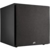 Czarny subwoofer o prostej, sześciennej konstrukcji z widocznym logo "polk" na przednim panelu. Powierzchnia subwoofera jest matowa, a jego front pokryty jest materiałem tekstylnym.