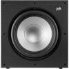 Czarny subwoofer z widocznym srebrnym głośnikiem w centralnej części, na obudowie znajduje się logo "polk". Produkt ma prostokątną obudowę z zaokrąglonymi narożnikami.