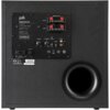 Czarny subwoofer z widocznym panelem tylnym, na którym znajdują się złącza, pokrętła do regulacji głośności i częstotliwości, oraz napisy: "polk MONITOR XT12". Obok złączy znajdują się oznaczenia CE i inne certyfikaty, a także informacje o modelu i napięciu.