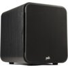 Czarny subwoofer o prostokątnym kształcie z zaokrąglonymi krawędziami, z widocznym logo "polk" na przedniej części. Obudowa ma teksturę przypominającą drewno.