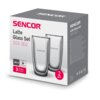 Opakowanie zestawu szklanek marki SENCOR, model SGX 002, zawierającego dwie szklanki o pojemności 380 ml, z oznaczeniem "Latte Glass Set" oraz informacją o 3-letniej gwarancji. Na opakowaniu widoczne są również ikony sugerujące przeznaczenie do gorących napojów oraz logo producenta.