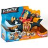 Opakowanie zestawu figurek "Piratix Adventure World" przedstawia dużą figurkę rekina z elementami pirackimi, takimi jak tron i flaga, oraz mniejsze akcesoria. Na opakowaniu widnieją napisy: "PIRATIX ADVENTURE WORLD", "KINGSHARK", "TRY ME!", a także ilustr