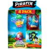 Opakowanie zestawu figurek "Piratix Adventure World" z napisem "4 Pack" na czerwonym tle, zawierające trzy widoczne figurki oraz jedną niespodziankę oznaczoną znakiem zapytania. Na dole opakowania znajduje się napis "Crazy Jungle" oraz "1 Surprise Piratix