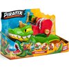 Opakowanie zestawu figurek "MAGIC BOX Piratix Adventure World Crazy Jungle King Croc" przedstawia zielonego krokodyla z czerwonym plecakiem i złotą koroną, z widocznymi napisami: "PIRATIX ADVENTURE WORLD", "KING CROC", "TRY ME!", oraz ilustracjami pokazuj