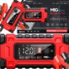 Czerwony prostownik MBG LINE BC10A Ultra z wyświetlaczem pokazującym "12.0V" oraz różnymi ikonami i przyciskami, znajduje się na tle opakowania z napisem "MIKROPROCESOROWY UNIWERSALNY PROSTOWNIK 12V 10A / 24V 5A". Na opakowaniu widoczny jest również napis