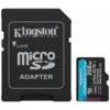 Na zdjęciu widoczna jest karta pamięci microSD z napisem "Kingston CANVAS Go! Plus 256GB" oraz adapter z napisem "Kingston Technology microSD Adapter".