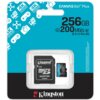 Opakowanie karty pamięci Kingston Canvas Go! Plus 256GB z adapterem microSD, na niebieskim tle z ikonami 4K Ultra HD, dronów, aparatów i kontrolerów. Widoczny tekst: "256GB", "UP TO 200MB/s", "Kingston Technology", oraz "microSD Adapter TAIWAN".