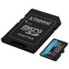 Na zdjęciu widoczna jest karta pamięci microSD z napisem "Kingston Canvas Go! Plus 512GB" oraz adapter z napisem "Kingston Technology Lock microSD Adapter".
