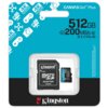 Opakowanie karty pamięci Kingston Canvas Go! Plus microSDXC 512GB z adapterem, z widocznymi oznaczeniami prędkości do 200MB/s, 4K Ultra HD oraz symbolami aparatów i kontrolerów. Na dole opakowania znajduje się logo Kingston Technology.