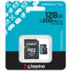 Opakowanie karty pamięci "KINGSTON Canvas Go! Plus microSDXC 128GB + Adapter" z widocznym adapterem i kartą microSD. Na opakowaniu znajdują się napisy: "128GB", "UP TO 200MB/s", "Kingston Technology", oraz ikony związane z 4K Ultra HD.