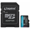 Czarno-szary adapter microSD z białym napisem "Kingston Technology", "Lock", "microSD" i "Adapter" obok karty pamięci z napisem "Kingston Canvas Go! Plus 128GB" oraz dodatkowymi oznaczeniami technicznymi.