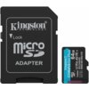 Na zdjęciu znajduje się czarny adapter microSD z białym napisem "Kingston Technology", "Lock", "microSD" oraz "ADAPTER", obok którego leży karta pamięci z napisem "Kingston Canvas Go! Plus 64GB V30 A2".