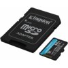 Na zdjęciu widoczna jest karta pamięci microSDXC o pojemności 64GB oraz adapter, oba z logo Kingston. Na adapterze znajduje się napis "Lock microSD ADAPTER", a na karcie pamięci "Kingston Canvas Go! Plus 64GB".