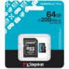 Opakowanie karty pamięci microSDXC o pojemności 64GB z adapterem, z widocznymi napisami: "Canvas Go! Plus", "64GB", "200MB/s", "Kingston Technology". Tło jest niebieskie z ikonami przedstawiającymi drony, aparaty i kontrolery, a na dole znajduje się logo 