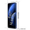 Smartfon w kolorze niebieskim z wyświetlaczem o przekątnej 6.67 cala (16.94 cm) jest przedstawiony z wymiarami: 164.8 mm wysokości, 75.6 mm szerokości i 8.65 mm grubości. Na ekranie widoczny jest napis "6.67" 16.94 cm", a obok urządzenia znajdują się lini
