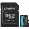 Czarna karta microSD z adapterem, na którym widnieje napis "Kingston Technology" oraz "Lock microSD Adapter". Obok znajduje się karta pamięci z napisem "Kingston Canvas Go! Plus 1TB V30 A2".