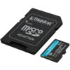 Na zdjęciu widoczny jest adapter microSD z napisem "Kingston Technology Lock MicroSD Adapter" oraz karta pamięci z napisem "Kingston Canvas Go! Plus 1TB". Karta zawiera dodatkowe oznaczenia techniczne, takie jak "U3 V30 A2" oraz "SDC4/1TB".