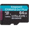 Karta pamięci z widocznym napisem "Kingston CANVAS Go! Plus" oraz oznaczeniami "microSDXC I", "64GB", "TAIWAN", "U3 V30 A2", "SDCG4/64GB". Na karcie znajduje się również symbol "FC" oraz logo producenta.