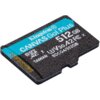 Na zdjęciu znajduje się karta pamięci microSD z napisem "Kingston CANVAS Go! Plus 512GB" oraz dodatkowymi oznaczeniami technicznymi, takimi jak "microSDXC I" i "U3 V30 A2". Widoczne są również napisy "TAIWAN" i "SDCG3/512GB".