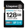 Czarna karta pamięci z białą etykietą, na której widnieje napis "Kingston CANVAS Go! Plus 128GB SDG4/128GB". Na dole etykiety znajdują się oznaczenia "200 MB/s", "SDXC", "V30", "I3" oraz symbol "10" w kółku.