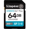 Na zdjęciu widoczna jest karta pamięci z napisem "Kingston CANVAS Go! Plus 64GB SDG4/64GB" oraz oznaczeniami "200 MB/s", "SDXC", "V30", "I3", "10".