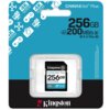 Opakowanie karty pamięci z napisem "CANVAS Go! Plus 256GB" oraz "UP TO 200MB/s" na niebieskim tle, z ikonami przedstawiającymi 4K Ultra HD, drona, aparat i kontroler do gier. Na dole widoczne jest logo "Kingston Technology" na czarnym tle.
