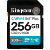 Na zdjęciu widoczna jest karta pamięci z napisem "Kingston CANVAS Go! Plus 256GB SDG4/256GB". Dodatkowe oznaczenia to "200 MB/s", "SDXC", "V30", "U3" oraz symbol klasy 10.