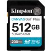 Na zdjęciu znajduje się karta pamięci z napisem "Kingston CANVAS Go! Plus 512GB SDG4/512GB". Widoczne są także oznaczenia "200 MB/s", "SDXC", "V30", "I3" oraz "10" w dolnej części karty.