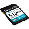 Czarna karta pamięci z białą etykietą, na której widnieje napis "Kingston CANVAS Go! Plus 512GB SDG4/512GB", oraz oznaczenia "200 MB/s", "SDXC", "V30", "I (3)", "10".