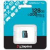 Opakowanie karty pamięci microSDXC o pojemności 128GB z serii Canvas Go! Plus marki Kingston, z prędkością do 200MB/s, oznaczeniami 4K Ultra HD, U3, V30, A2 oraz logo Kingston Technology. Karta znajduje się w przezroczystym plastikowym etui, a tło opakowa