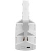 Białe urządzenie do ładowania z widocznym logo "dji" na górnej części, posiada przycisk zasilania i port USB-C na dolnej krawędzi. Konstrukcja ma wyraźne linie i miejsca na podłączenie urządzeń do ładowania.