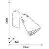 Czarno-biały schemat kinkietu z wymiarami: wysokość 18 cm, głębokość 8 cm, szerokość 13 cm. Produkt to "Kinkiet MILAGRO Rick ML5565 Czarno-złoty".