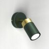 Zielono-złoty kinkiet o cylindrycznym kształcie, zamontowany na okrągłej podstawie, z widocznym źródłem światła na białym tle. Produkt ma eleganckie, złote wykończenie na górnej części cylindra.