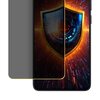 Obraz przedstawia telefon z nałożoną folią ochronną, która częściowo zasłania ekran. Na ekranie widoczna jest grafika z motywem technologicznego oka otoczonego kolorowymi, świetlnymi efektami.