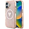 Różowe etui na telefon z przezroczystymi bokami, ozdobione wzorem 4G i okrągłym elementem z logo "GUESS U.S.A." w kształcie trójkąta. Etui jest przystosowane do technologii MagSafe i przeznaczone dla modelu Apple iPhone 16.