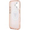 Przezroczyste etui na telefon w kolorze różowym z metalicznym połyskiem, posiada okrągły wzór z trójkątem w środku, przeznaczone do iPhone 16. Na etui widoczne są wycięcia na aparat oraz przyciski boczne.
