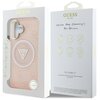 Różowe etui na telefon z logo GUESS w kształcie trójkąta znajduje się w przezroczystym opakowaniu, które ukazuje wzór 4G i napis "Compatible with MagSafe". Na odwrocie opakowania widnieje napis "NEVER STOP DREAMING!! Paul Marciano" oraz ikony przedstawiaj