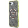 Etui na telefon w kolorze brązowym z wzorem 4G i trójkątnym logo "GUESS U.S.A." w centralnej części, otoczonym metalicznym okręgiem. Boki etui są przezroczyste, z widocznymi przyciskami.