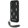 Czarne etui na telefon z ozdobnymi kryształkami ułożonymi w pionowe linie. Na dole etui widnieje biały napis "KARL LAGERFELD", a do etui dołączony jest czarno-srebrny pasek.