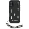Czarne etui na telefon z ozdobnymi kryształkami ułożonymi w pionowe linie. Na dole etui widnieje napis "KARL LAGERFELD", a do etui dołączony jest czarno-srebrny pasek.