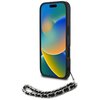 Czarne etui na telefon z widocznym ekranem, na którym wyświetlany jest kolorowy gradient. Do etui przymocowany jest pasek z łańcuszkiem.